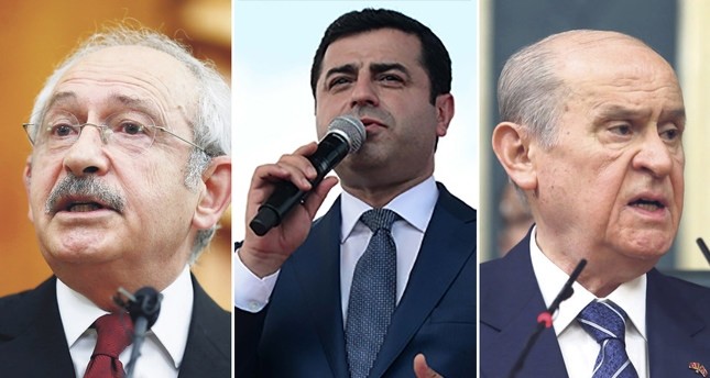 Main opposition CHP chairman Kemal Ku0131lu0131u00e7darou011flu (L), pro-PKK HDP co-chair Selahattin Demirtau015f (C) and nationalist MHP chairman Devlet Bahu00e7eli