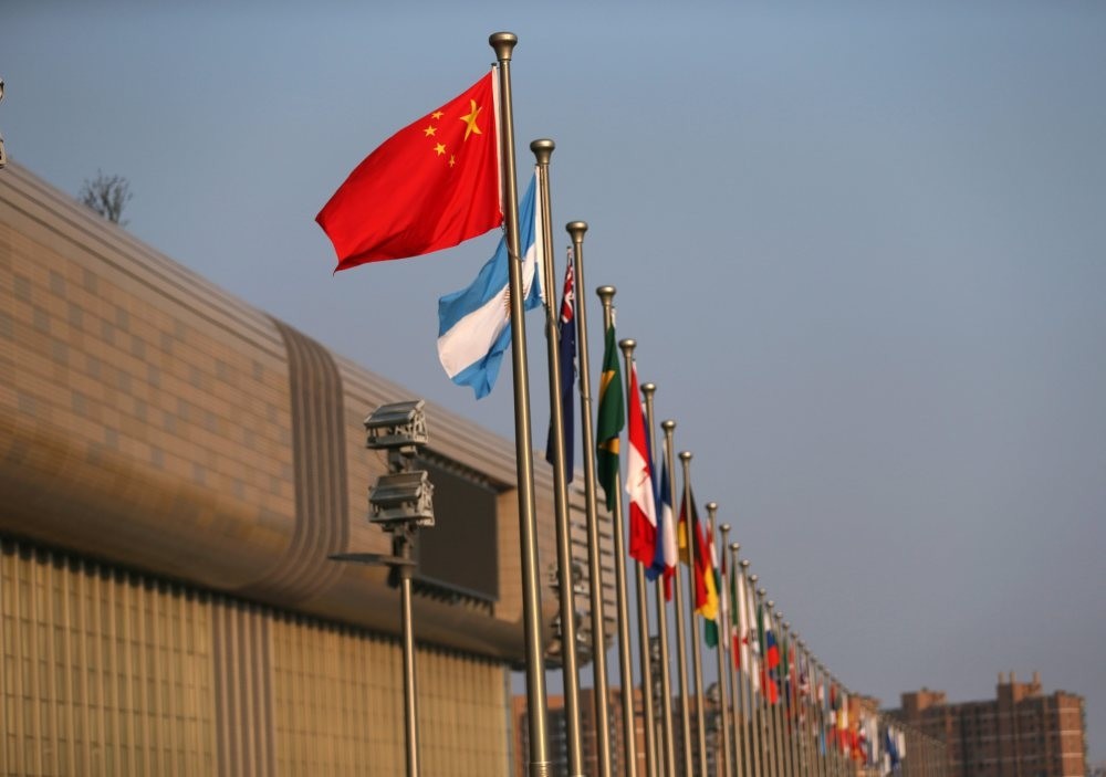 G20 member countries' flags flying outside the Hangzhou International Expo Center, the main venue for the G20 summit in Hangzhou City, China, Sept. 2,2016. (EPA Photo)
