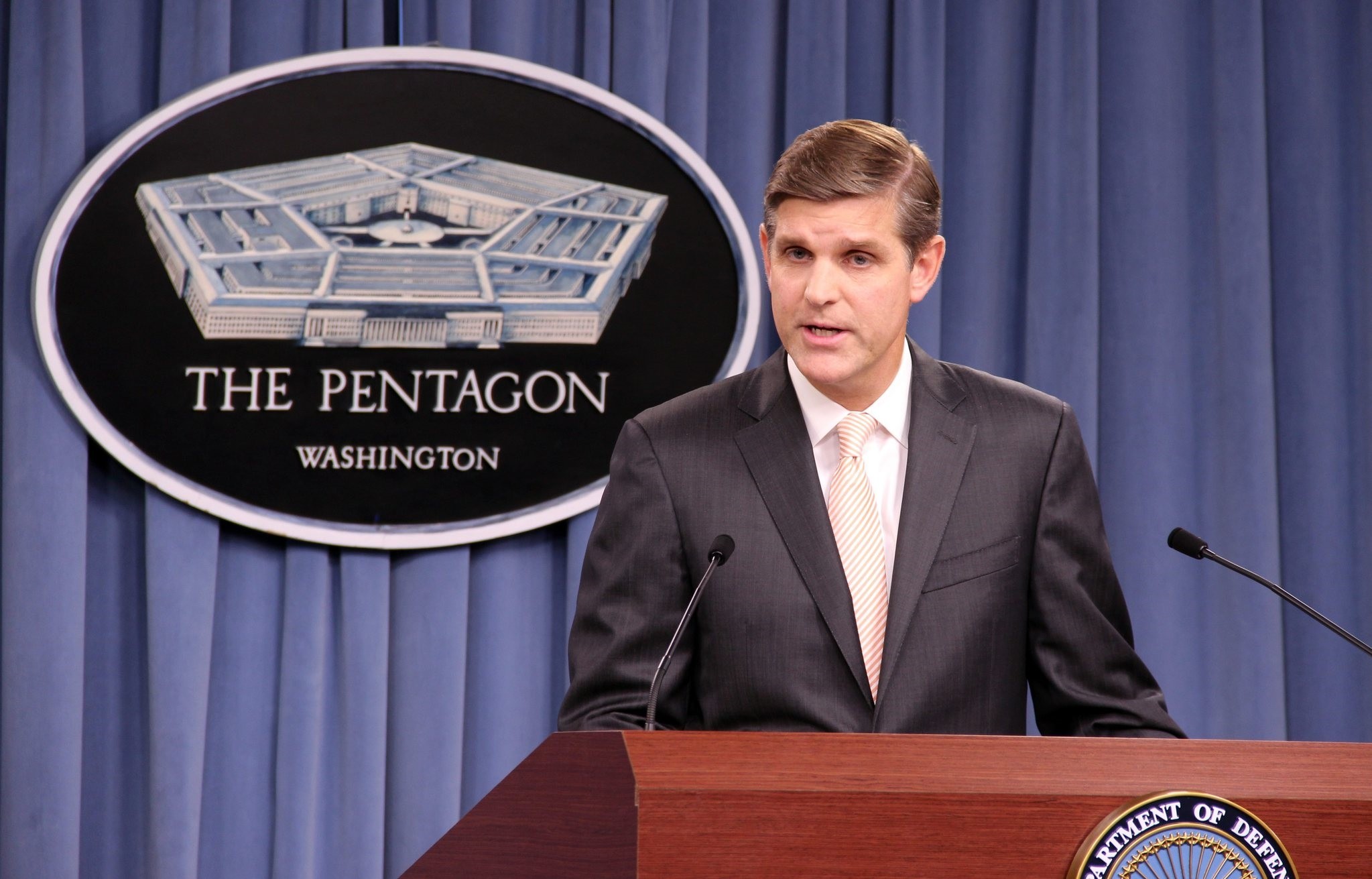 Pentagon spokesperson Peter Cook speaks to reporters during a press conference in  Washington, D.C. (AA Photo)