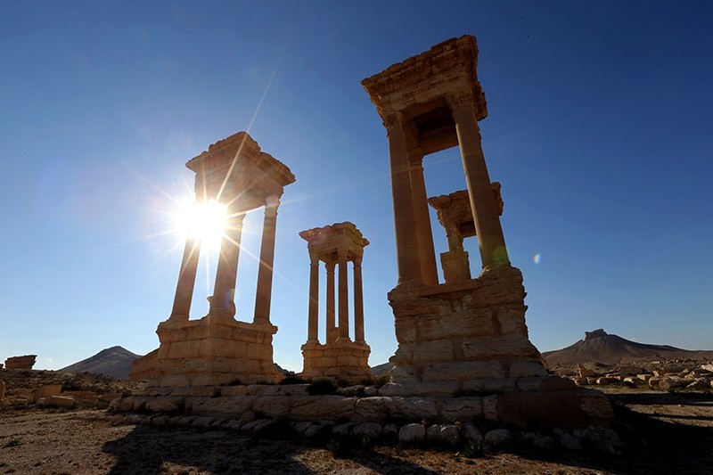This file photo taken on March 31, 2016 shows the Tetrapylon of the ancient Syrian city of Palmyra.