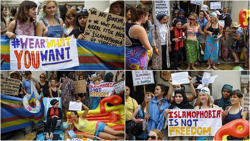 Combination of photos show burkini ban protesters holding a beach party at the French embassy in London on Aug 25, 2016.