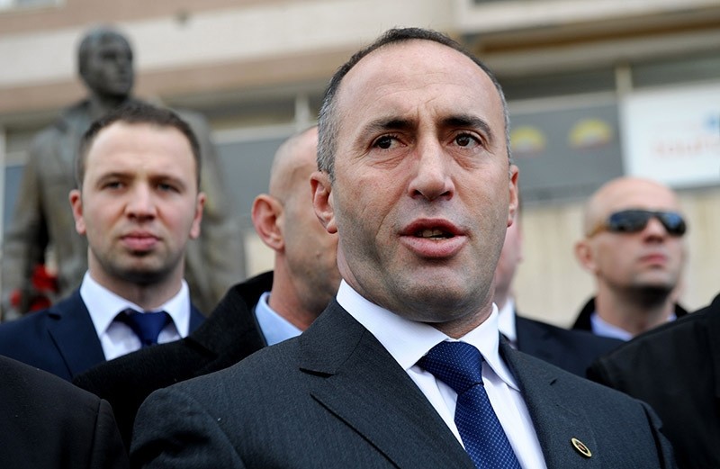 In this file photo, Kosovo's former Prime Minister Ramush Haradinaj talks to the media after paying homage to the statue of ex-Kosovo Liberation Army (KLA) commander Zahir Pajaziti in Pristina. (AFP Photo)