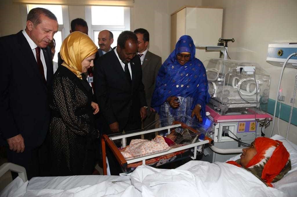 President Erdou011fan and his wife visit a Tu0130KA-built hospital in Somalia in 2015. The agency builds hospitals all across the world from Somalia to the West Bank in the Palestinian territories.