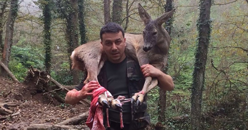 Hunter seen carrying the injured deer on his shoulders after discovering the animal unable to walk (Photo IHA) 