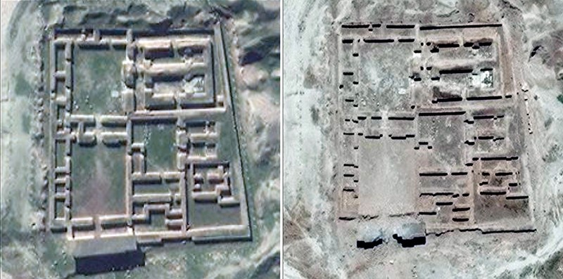 A combo of handout satellite pictures collected on June 3, 2016 by the the UN Institute for Training and Research shows before (L) and after satellite imagery of the Nabu Temple in the ancient Assyrian city of Nimrud in n. Iraq (AFP Photo) 