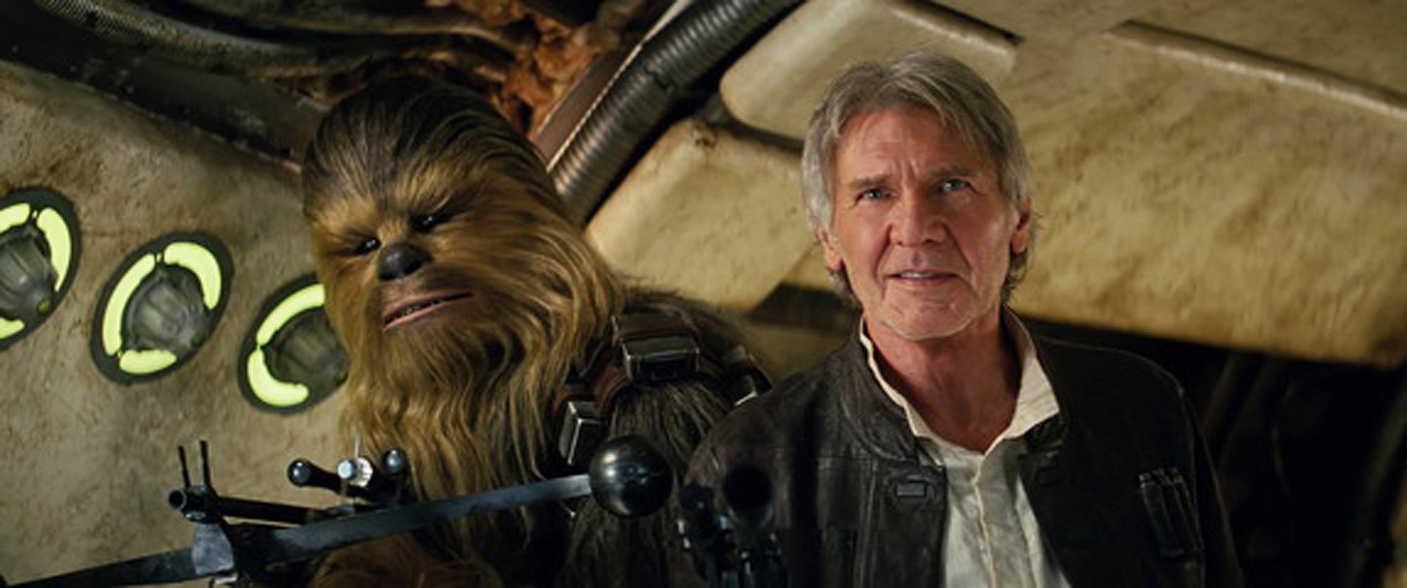 This photo provided by Lucasfilm shows Peter Mayhew as Chewbacca and Harrison Ford as Han Solo in ,Star Wars: The Force Awakens,, directed by J.J. Abrams. (AP Photo)