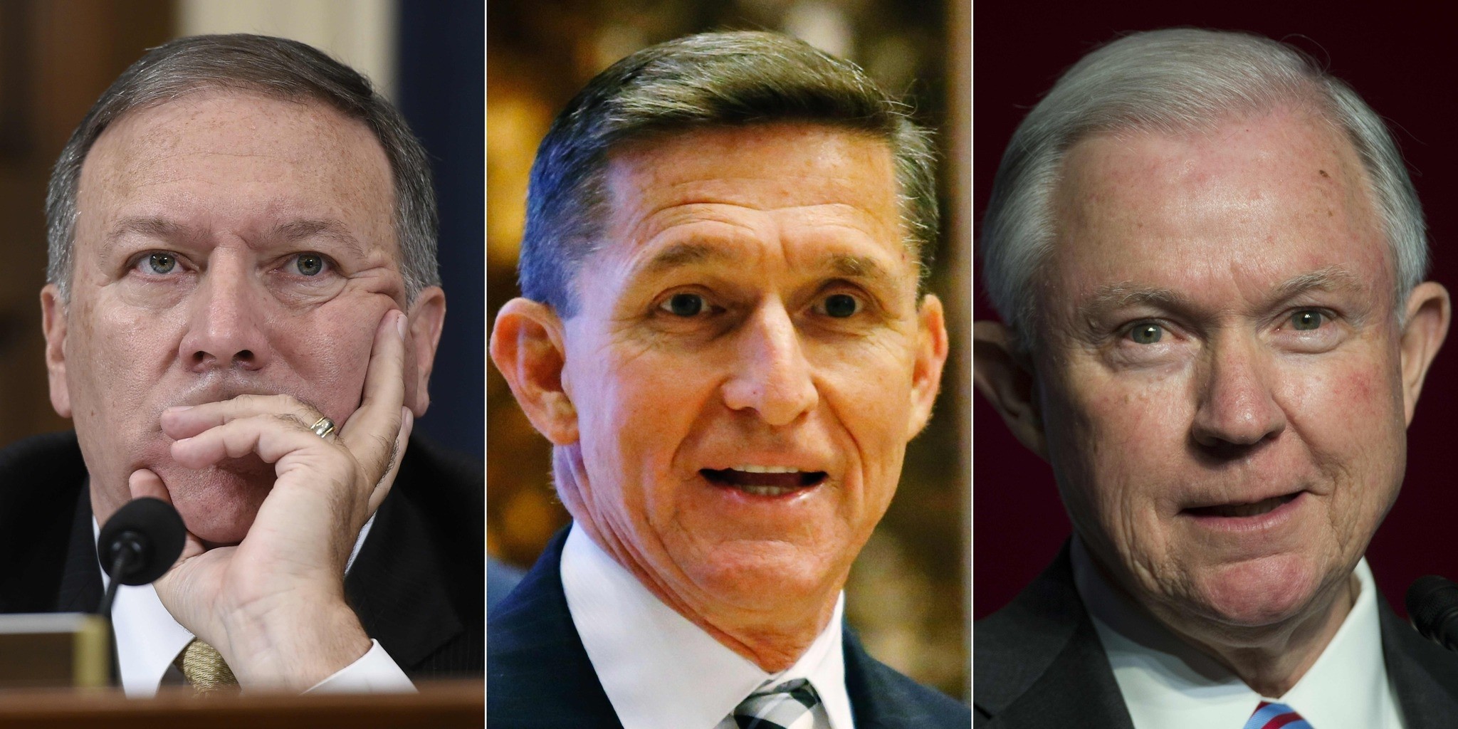  (L to R) US Representative from Kansas Mike Pompeo, Retired Lt. Gen. Michael Flynn and Senator Jeff Sessions. 