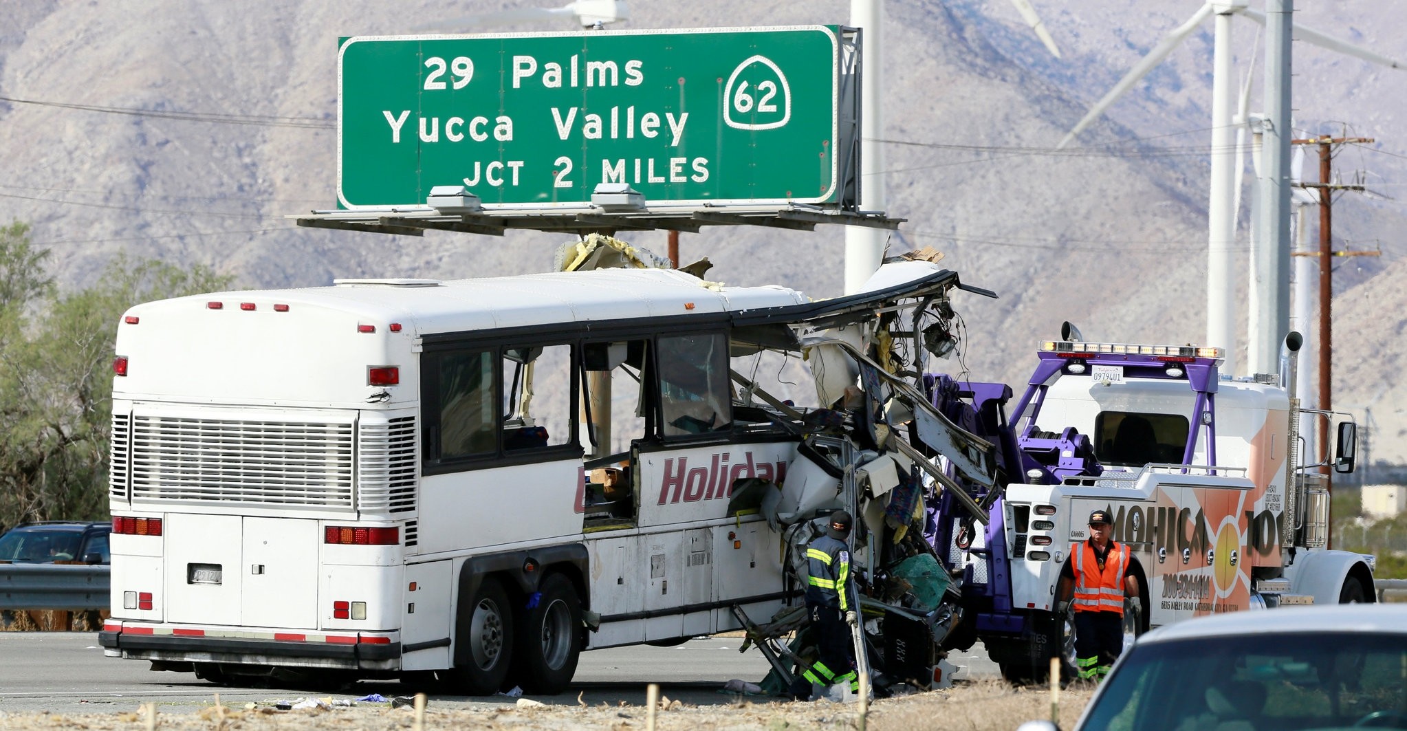 A mangled bus from the Holiday Bus Lines is seen after being towed from the scene of a mass casualty crash near Palm Springs, California October 23, 2016. (REUTERS Photo)