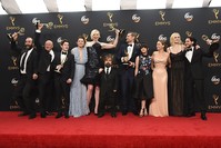 Game of Thronesu2019 actors and actresses, winners of the award for outstanding drama series pose in the press room at the 68th Primetime Emmy Awards on Sunday, Sept. 18, 2016. (AP Photo)