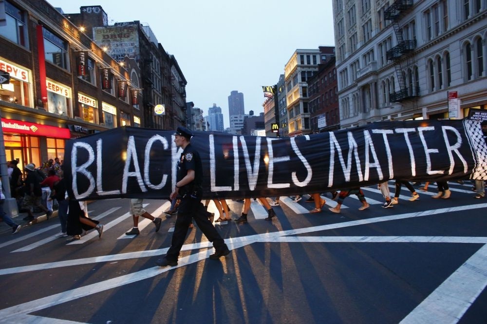 A police officer patroling during a protest in support of the Black Lives Matter movement in New York, July 9, 2016.