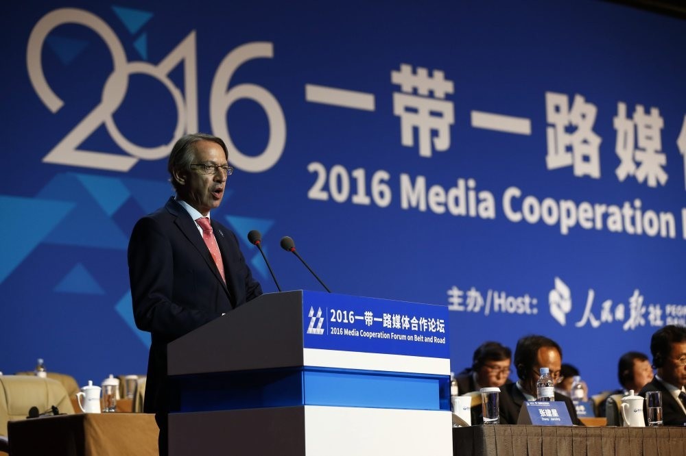 Agencia EFE President Jose Antonio Vera delivers a speech during the 2016 Media Cooperation Forum on Belt and Road at China National Convention Center in Beijing, China, July 26.