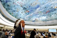 Dave Archambault II, chairman of the Standing Rock Sioux tribe, leaves after his speech against the Energy Transfer Partners' Dakota Access oil pipeline at the UN in Geneva, September 20, 2016 (Reuters Photo)
