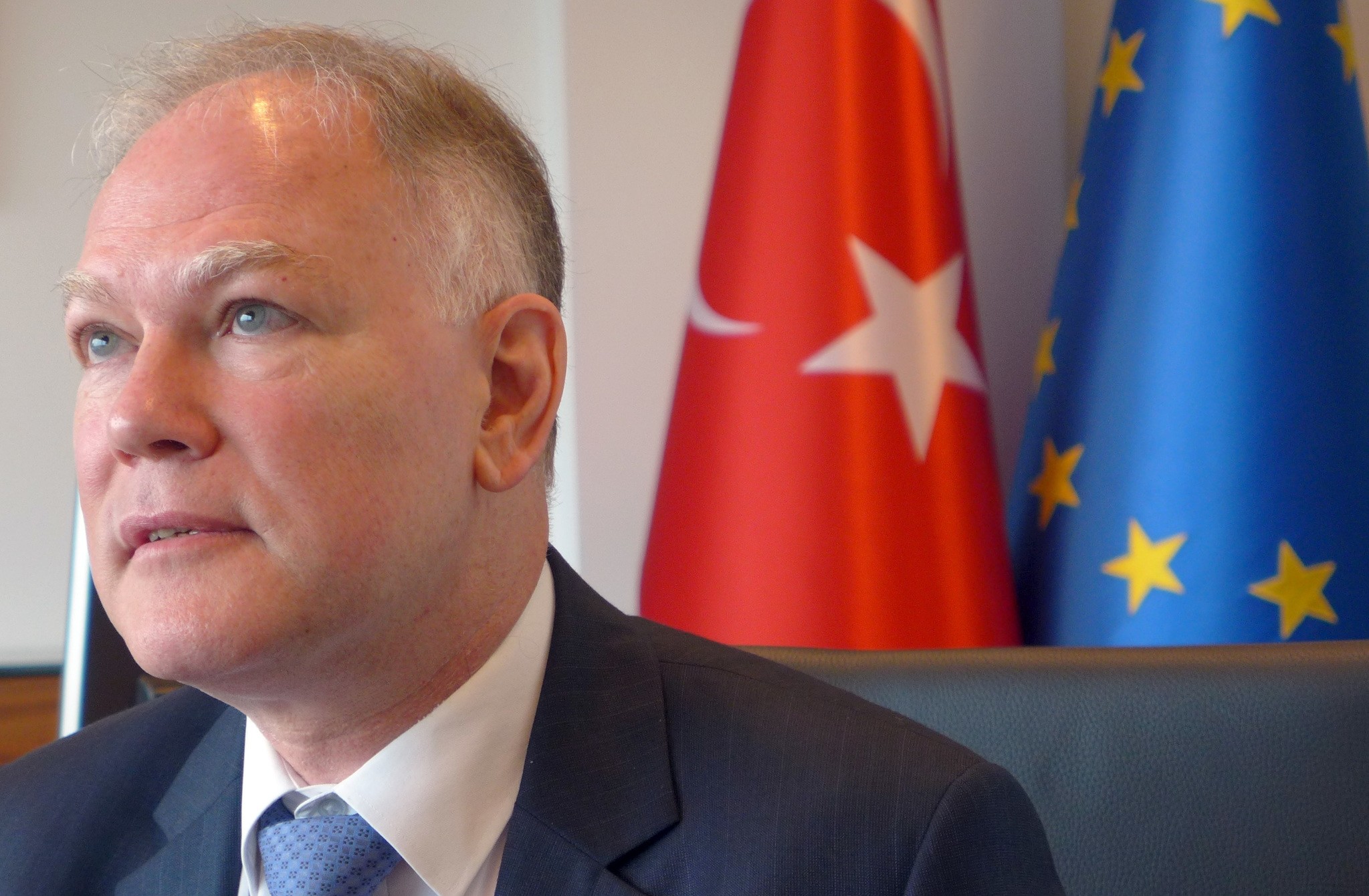 Turkey's Ambassador to the European Union Selim Yenel speaks during an interview at the Turkish embassy in Brussels on Thursday, Aug. 11, 2016. (AP Photo)