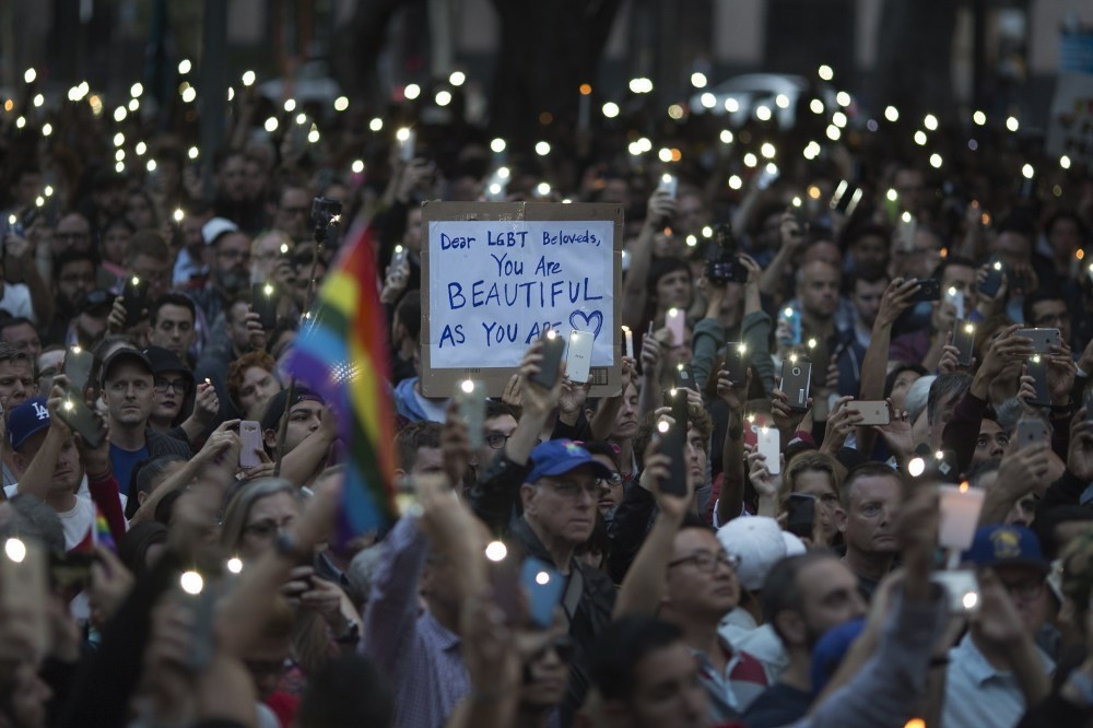People gathered for a vigil for the mass shooting in Orlando on June 13, 2016 in Los Angeles.