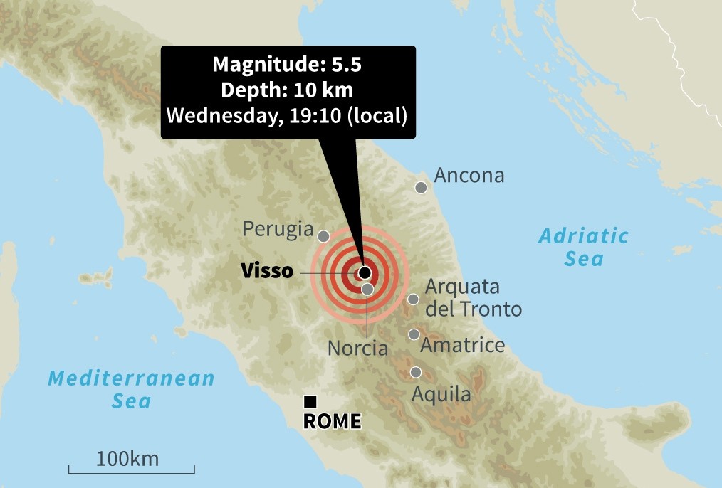 Map locating Wednesday's earthquake near the village of Visso in the Macerata area of the central Marche region. (AFP Photo)