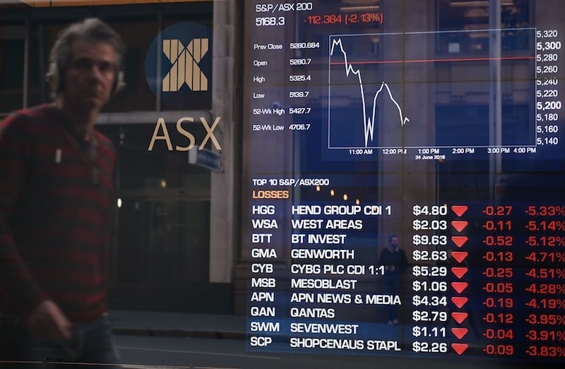 A man looks at the fluctuation in the share prices through a stock exchange window in Sydney on June 24, 2016.  (AFP Photo)