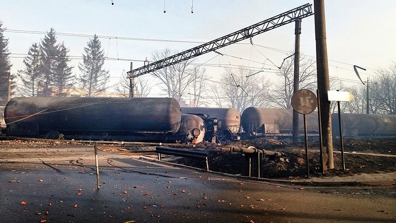 A general view of railway wagons after the explosion following a derailment of a goods train in the village of Hitrino some 360 km from Sofia, Bulgaria, Dec. 10, 2016.