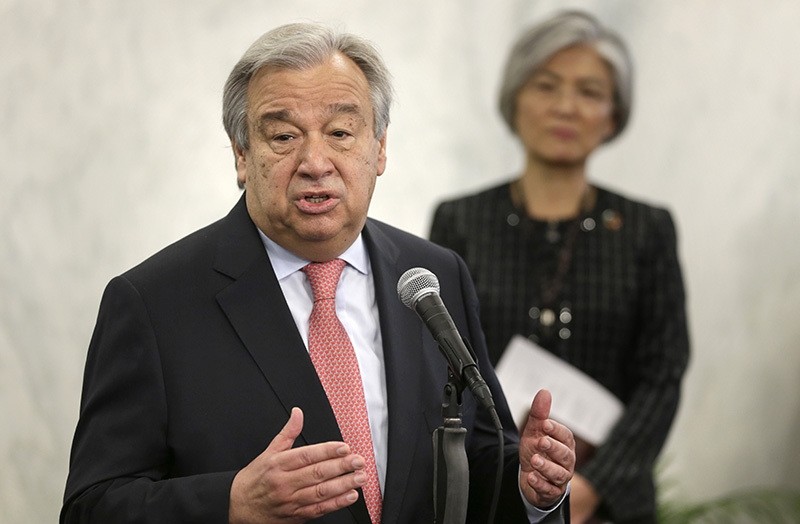 United Nations Secretary-General Antonio Guterres talks with members of the U.N. staff at U.N. headquarters, Tuesday, Jan. 3, 2017. (AP Photo)