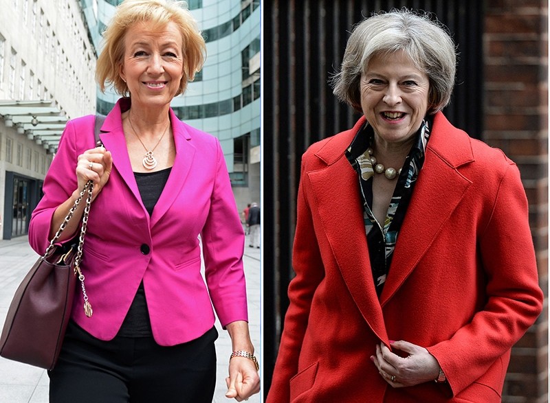 The 2 leading candidates for the Conservative leadership Andrea Leadsom leaving the BBC in London on July 3, 2016, British Home Secretary Theresa May leaving 10 Downing Street on February 22, 2016. (AFP Photo)