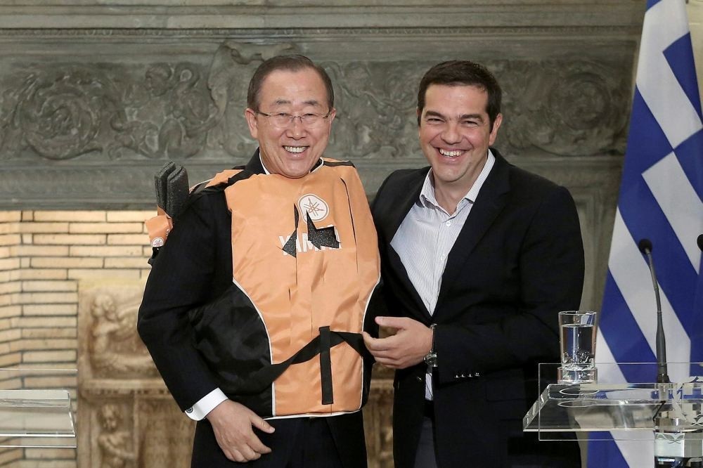 The two leaders have been criticized for smiling while Greek PM Tsipras (R) was giving a lifejacket to Ban Ki-Moon as lifejacket has become symbol of tragedy.