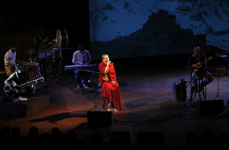 Buddhist nun and musicianu00a0Ani Choying Drolma (C) performs during a concert in Mumbai, India, Oct. 7, 2016. (AP Photo)
