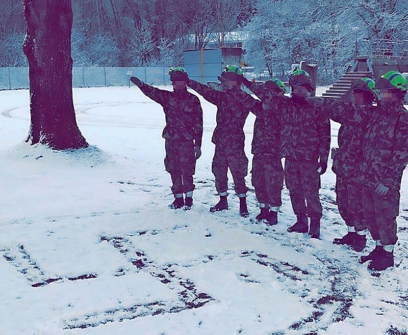This photograph, showing six Swiss soldiers stretching out their arms in a Hitler salute, was submitted by an unknown reader to the u201cBlicku201d news portal. (Photo courtesy of Blick.ch)