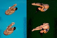 The water at the Maria Lenk Aquatic Center was greener Tuesday during the women's synchronized diving competition 10-meter platform final than one day earlier. (AP Photo)