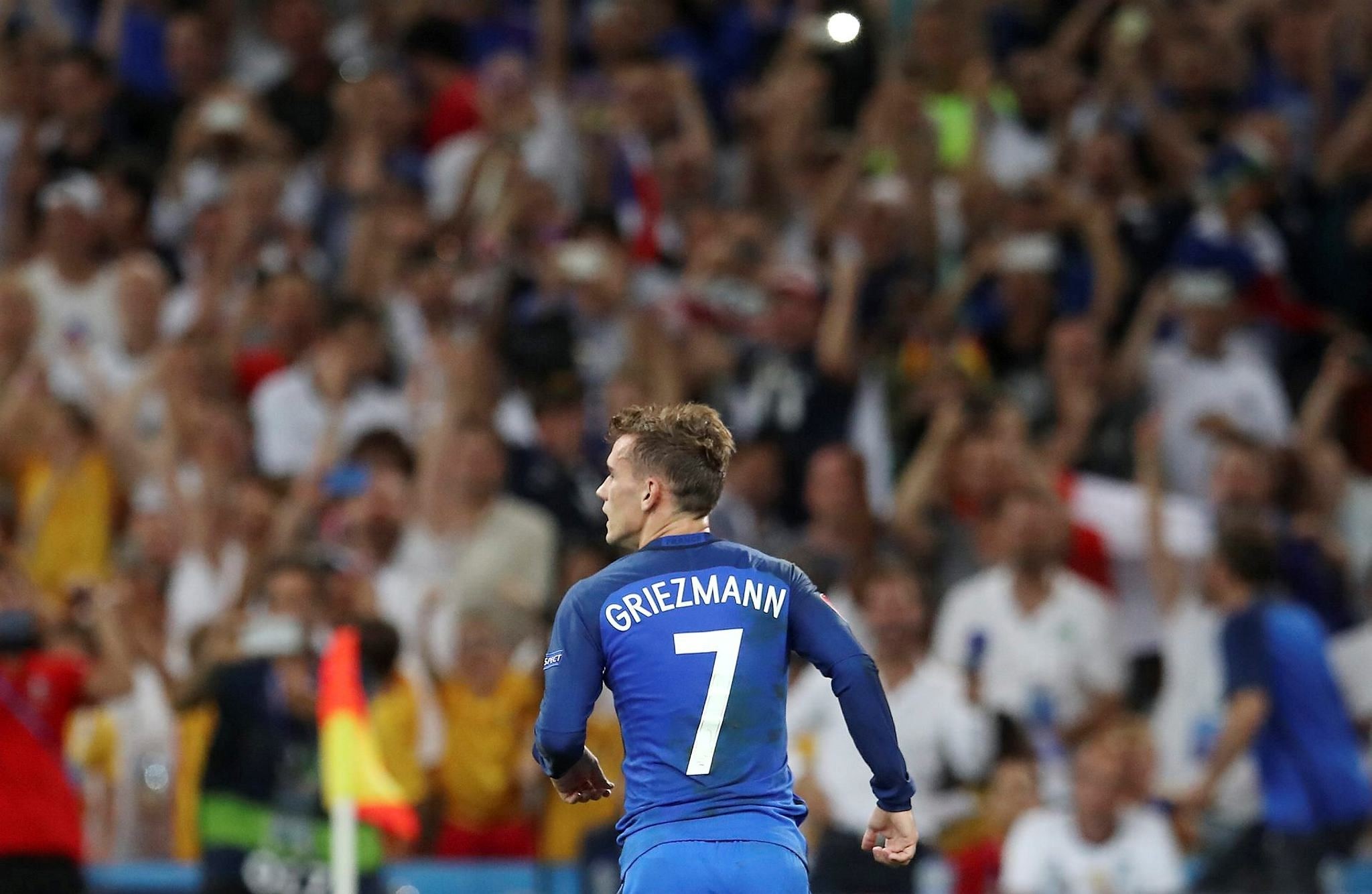 France's Antoine Griezmann celebrates after scoring during the Euro 2016 semifinal soccer match between Germany and France. (AP Photo)