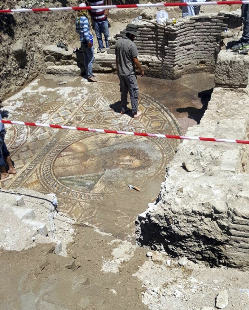 The mosaic was discovered in the cold pool of a Roman bath in the ancient city of Aegae with an inscription in Greek at the bottom of the mosaic saying: u201cGreetings to all of you bathing.u201d