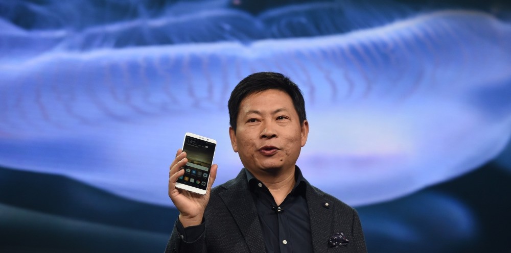 Richard Yu, CEO of Huawei Consumer Business Group, presents the new Huawei Mate 9 high-end phablet during the Huawei Global Product Launch in Munich.