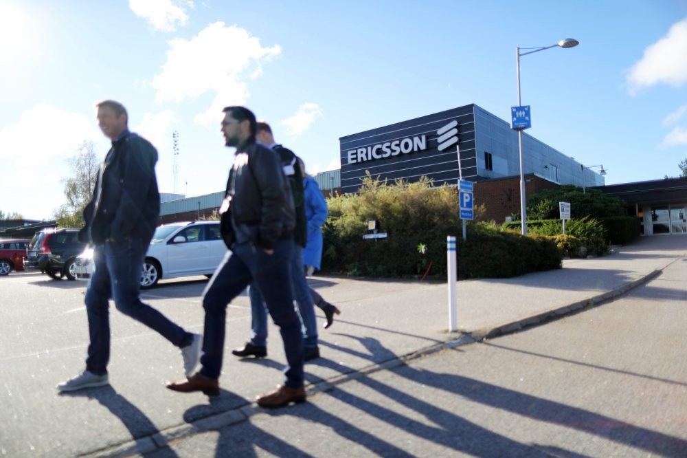Ericsson workers outside the Ericsson factory in Boras western Sweden.