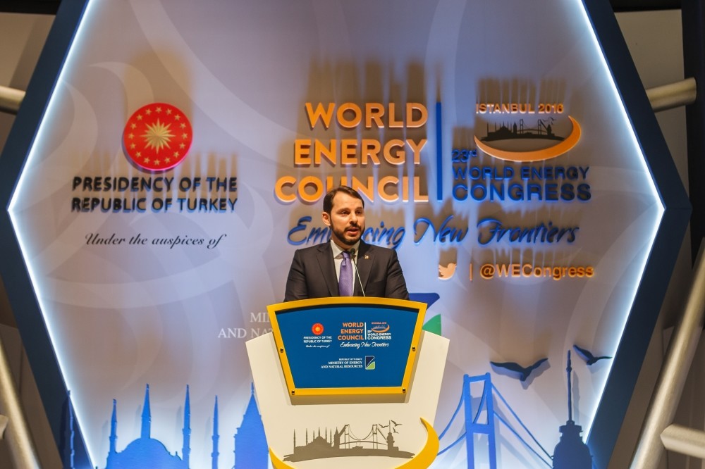 Energy and Natural Resources Minister Berat Albayrak speaks during a press conference in Istanbul as the 23rd World Energy Congress kicks off.