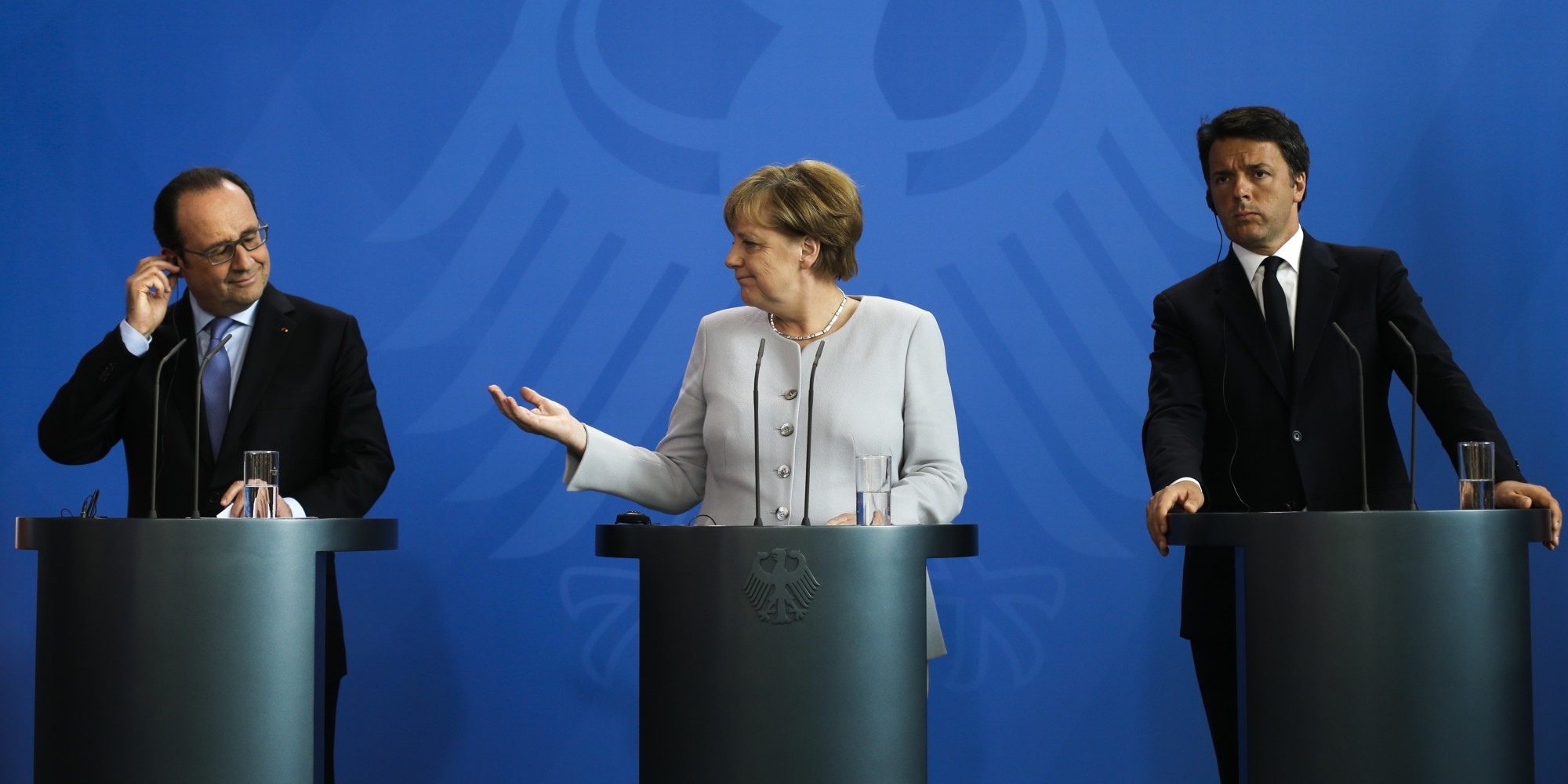 Hollande (L), Merkel (C) and Renzi