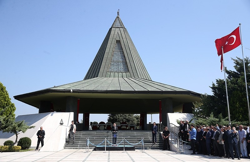 Interior Minister Su00fcleyman Soylu speaks during the ceremony held at the mausoleum involving Menderes, Zorlu and Polatkan's graves in Istanbul (AA Photo)