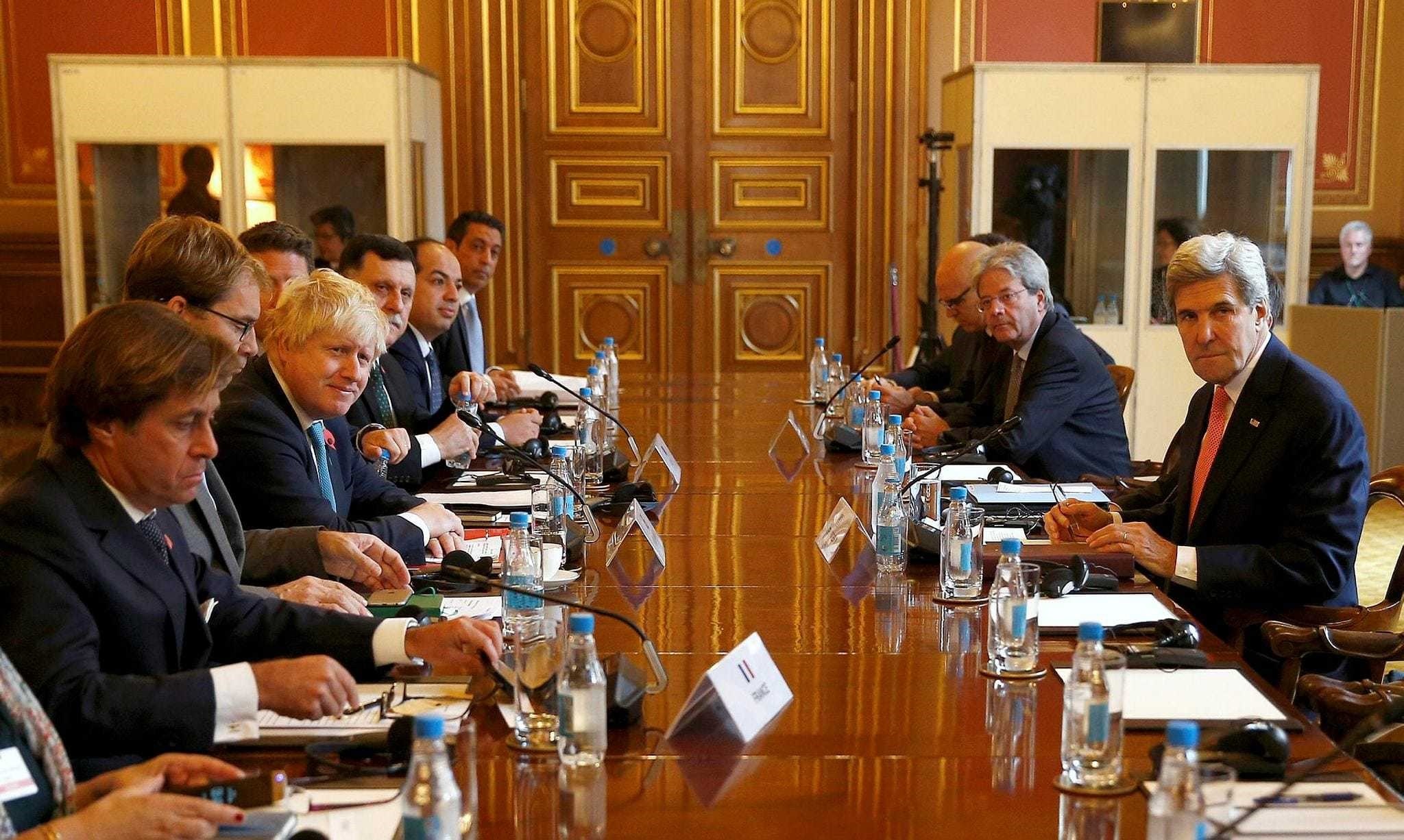 U.S. Secretary of State John Kerry attends the Libyan Ministerial meeting with Britain's Foreign Secretary Boris Johnson and Libya's Prime Minister and Deputy Prime minister, at the Foreign and Commonwealth Office in London, Britain, Oct. 31.