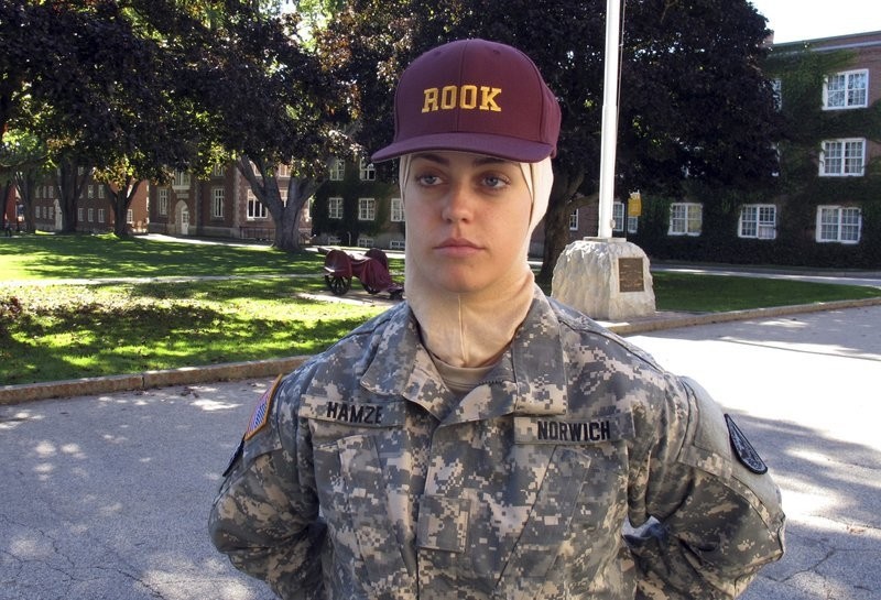 Freshman student Sana Hamze poses in Northfield, Vt., during an interview about her time as a ,rook,, or first year student in the military college's Corps of Cadets.  (AP Photo)