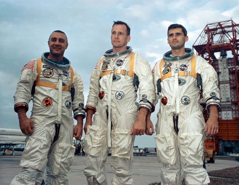 Astronauts, from the left, Gus Grissom, Ed White II and Roger Chaffee stand near Cape Kennedy's Launch Complex 34 during training for Apollo 1 in January 1967. (Reuters Photo)