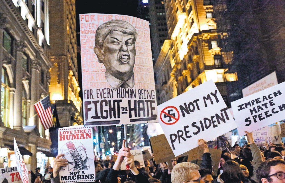 A crowd marching from Union Square to Trump Tower in protest of President-elect Donald Trump on Nov. 12, 2016 in New York. 