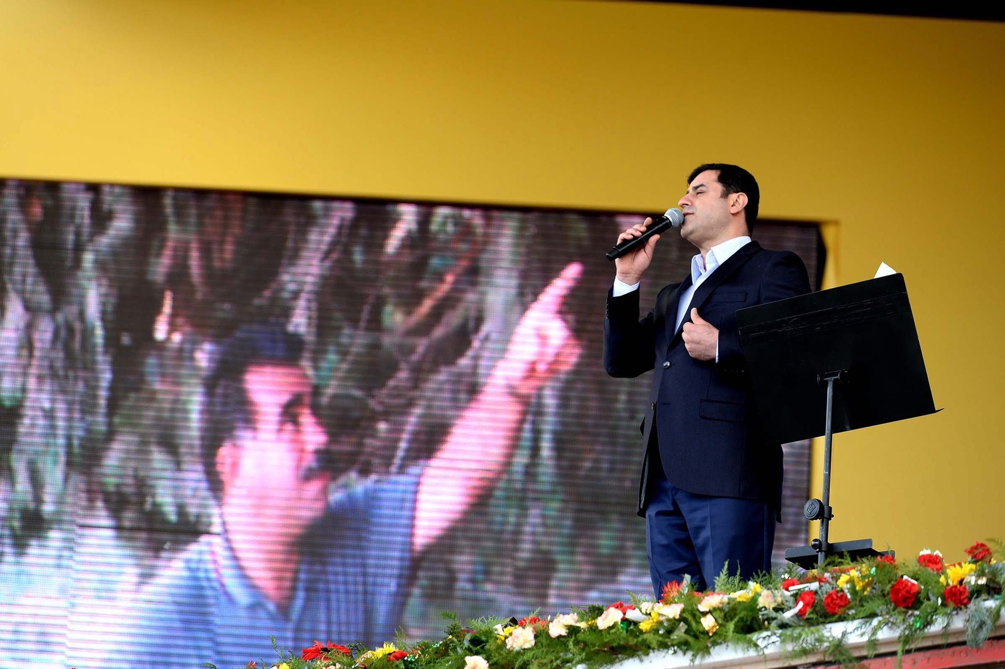 Selahattin Demirtau015f speaks during a pro-PKK rally.