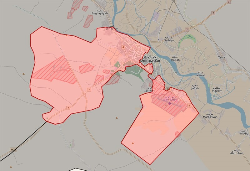 Situation in eastern Syrian city of Deir al-Zor on Jan. 17, 2017, where Assad regime-held enclaves are shown in red. (source: http://syria.liveuamap.com)