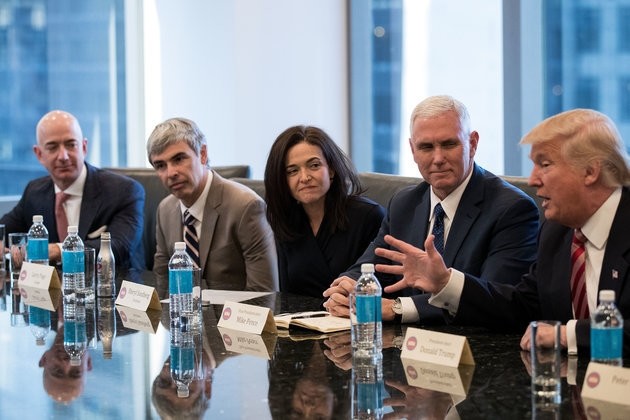 (L to R) Jeff Bezos, chief executive officer of Amazon, Larry Page, chief executive officer of Alphabet Inc. (parent company of Google), Sheryl Sandberg, chief operating officer of Facebook, Vice President-elect Mike Pence listen Donald Trump