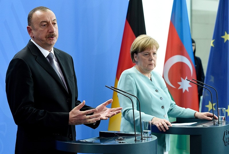 German Chancellor Angela Merkel and the President of Azerbaijan, Ilham Aliyev, during a press conference in Berlin, Germany, June 07, 2016. (EPA Photo)