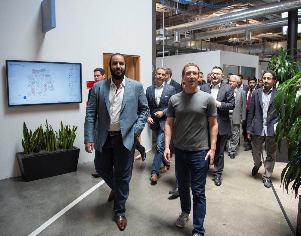 Saudi Arabia's Deputy Crown Prince Mohammed bin Salman (L) walks with Facebook CEO Mark Zuckerberg at the tech giant's headquarters in Silicon Valley.