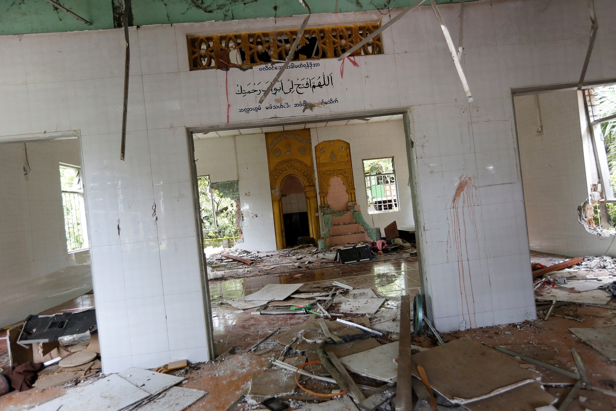 The interior of a destroyed mosque is seen after a group of men attack it in the first serious outburst of inter-religious violence in months in the village of Thayethamin outside Yangon, Myanmar June 24, 2016. (Reuters Photo)