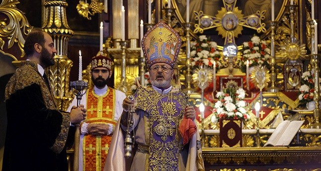 Archbishop Aram Ateu015fyan (C) holds a mass at Surp Asdvadzadzin Patriarchal Church in Istanbul
