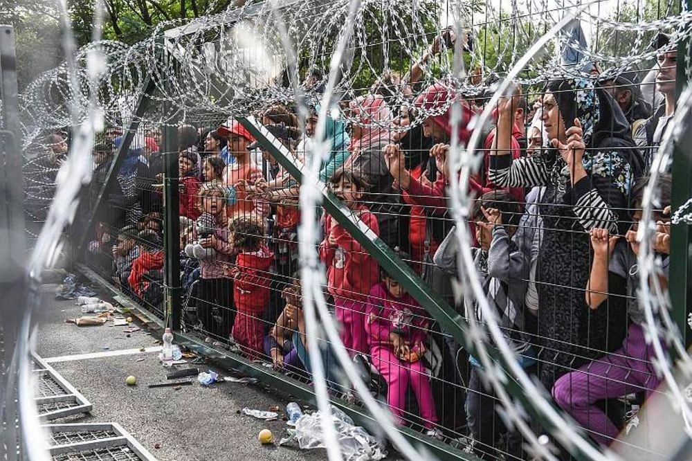 Refugees stand behind a fence at the Hungarian border with Serbia near the town of Horgos.