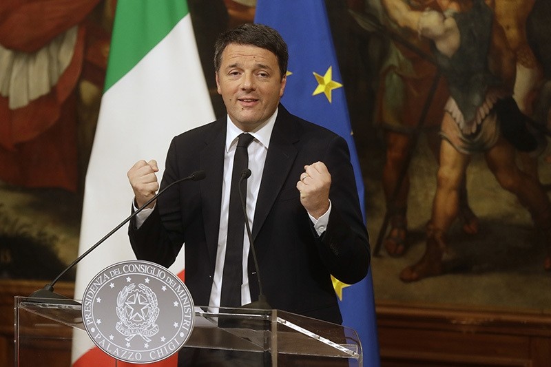 Italian Premier Matteo Renzi gestures a press conference at the premier's office Chigi Palace in Rome, early Monday, Dec. 5, 2016. (AP Photo)