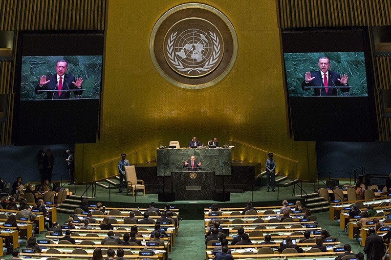  President Recep Tayyip Erdou011fan addresses the 69th United Nations General Assembly at the UN headquarters in New York, September 24, 2014 (Reuters Photo)