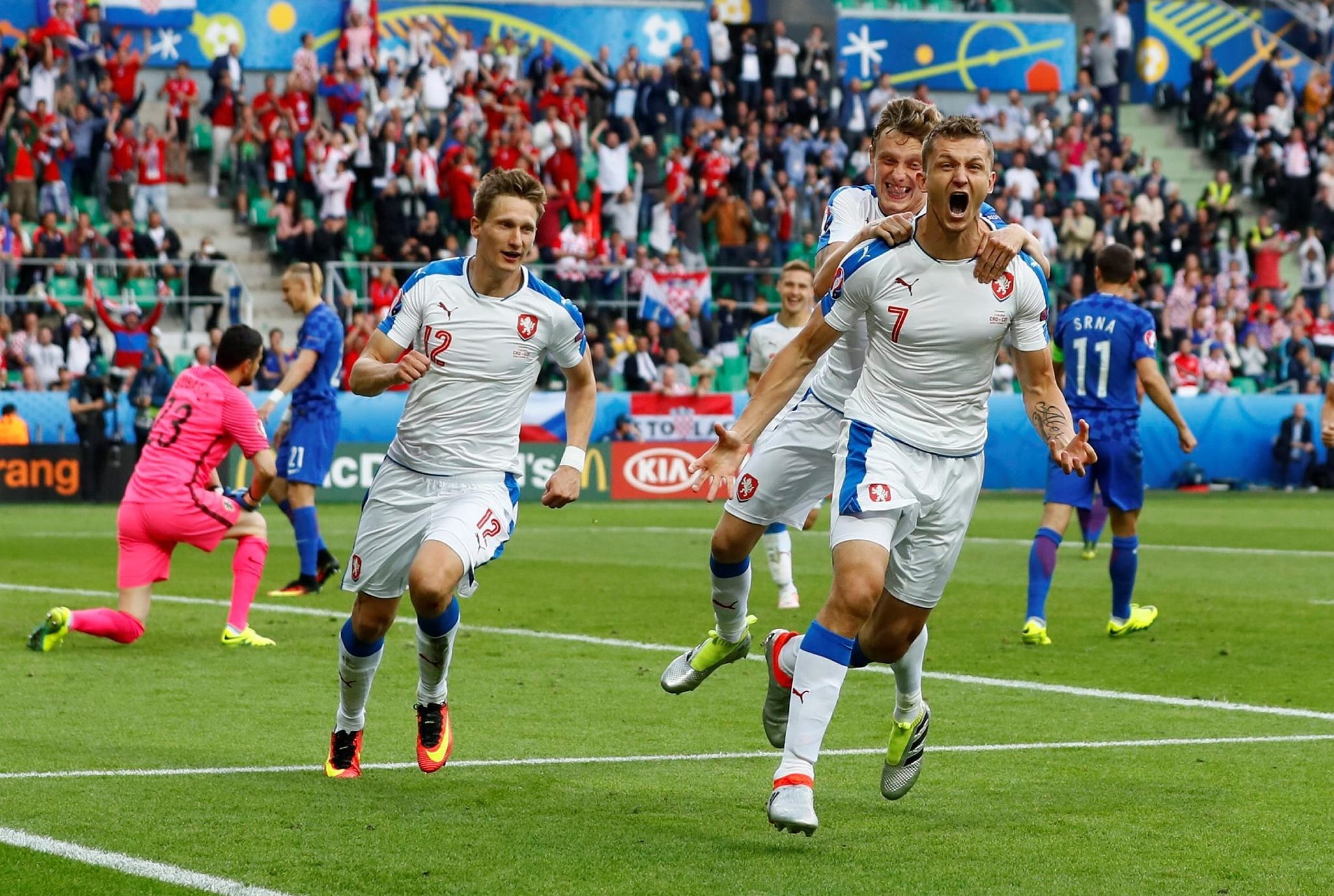 Czech Republic's Tomas Necid celebrates after scoring their second goal. (Reuters Photo)