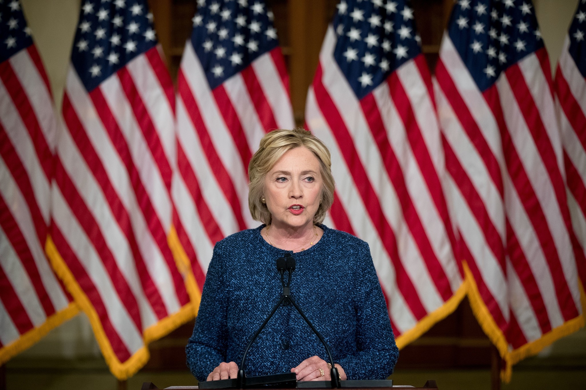 Hillary Clinton gives a statement after attending a National Security working session at the Historical Society Library, in New York, Sept. 9, 2016. (AP Photo)